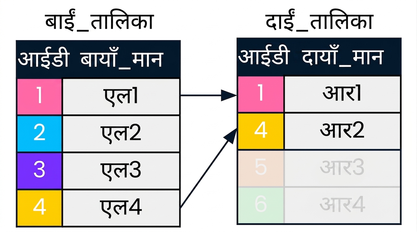 दो टेबल, left table और right table का डायग्राम, जिनमें तीर उन रिकॉर्ड्स की ओर इशारा करते हैं जो दोनों टेबल की id कॉलम पर मैच करते हैं। जो रिकॉर्ड left join में नहीं आते उन्हें ग्रे कर दिया गया है.