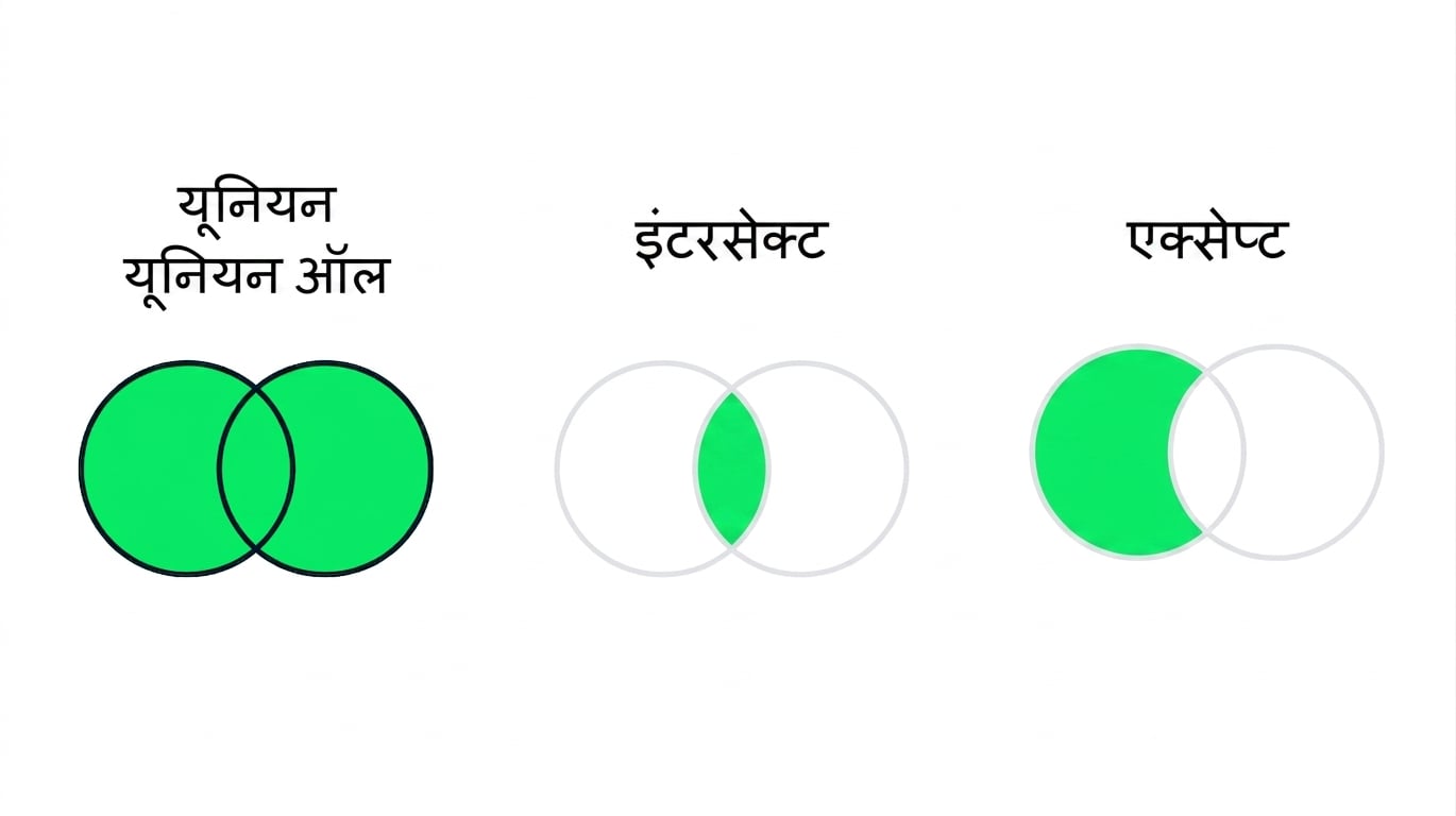 एक छवि जिसमें तीन वैन आरेख हैं, जिनमें से दो धुंधले हैं. फोकस में केवल UNION है. UNION में दो ओवरलैपिंग सर्कल हैं, दोनों पूरी तरह हरे हैं.