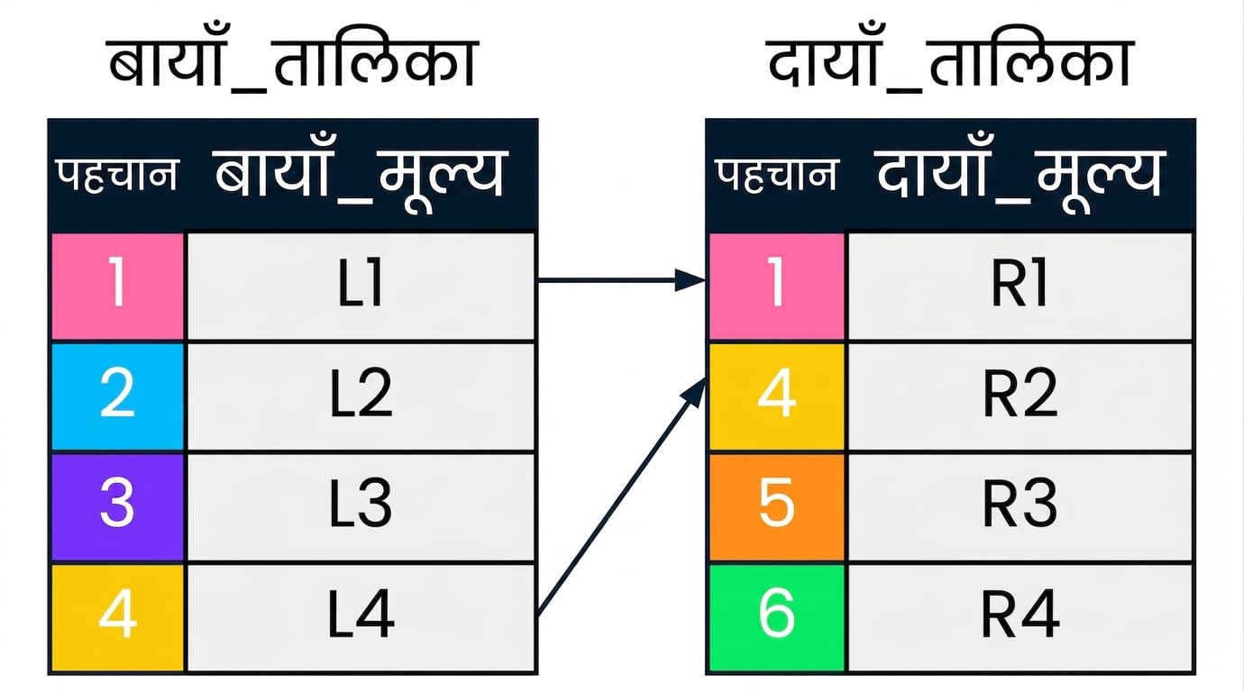 एक चित्र जिसमें दो टेबल: left_table और right_table दिखाए गए हैं। left और right टेबल में मिलते id मान एक ही रंग में हैं और तीरों से जोड़े गए हैं.
