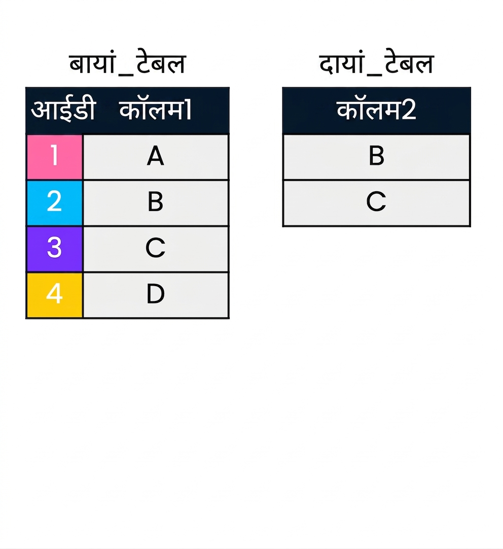 दो टेबल्स, left_table और right_table, जो semi join दिखाने के लिए उपयोग होंगी। left_table में दो कॉलम, id और col1 हैं। right_table में केवल एक कॉलम, col2 है।
