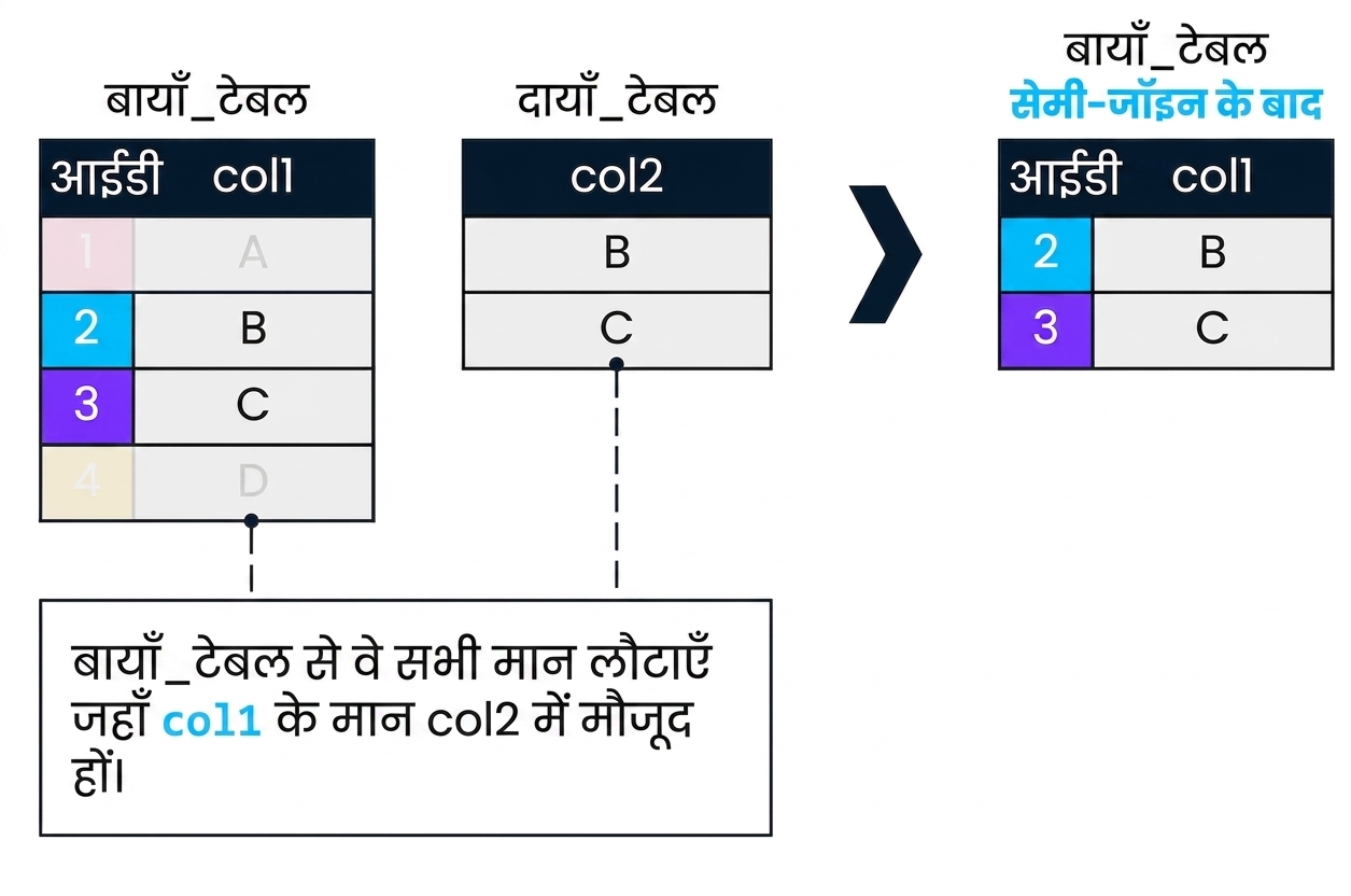 दो टेबल्स, left_table और right_table। दाईं ओर दोनों टेबल्स पर semi join का परिणाम है। केवल left_table के वे रिकॉर्ड लौटे हैं जहाँ col1 का col2 में मैच मिला। ये ids 2 और 3 से मेल खाते हैं।