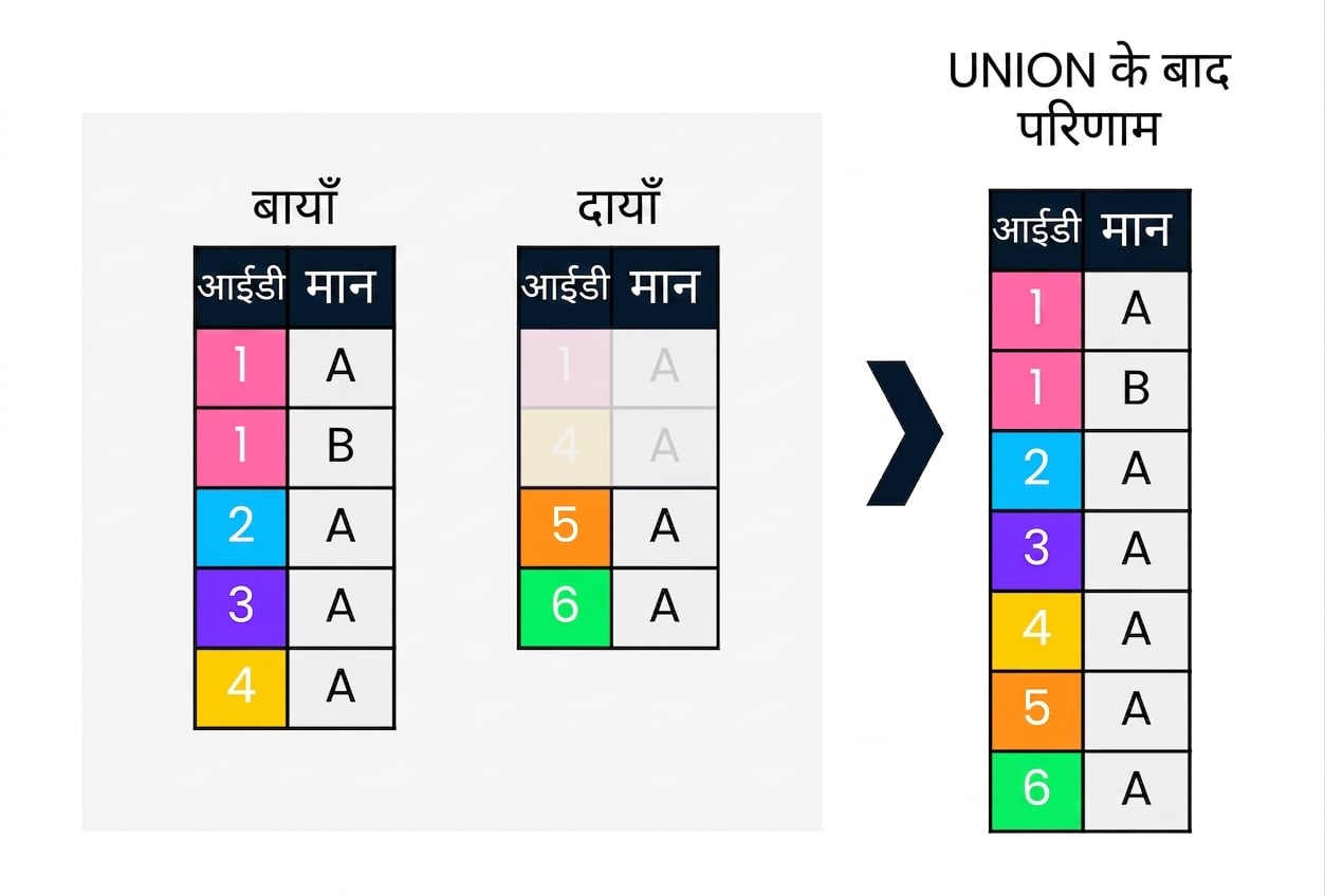 दो टेबल, बाएँ और दाएँ, दिखाने वाला डायग्राम. दाएँ तरफ दिखाया है कि UNION करने पर क्या परिणाम आता है.