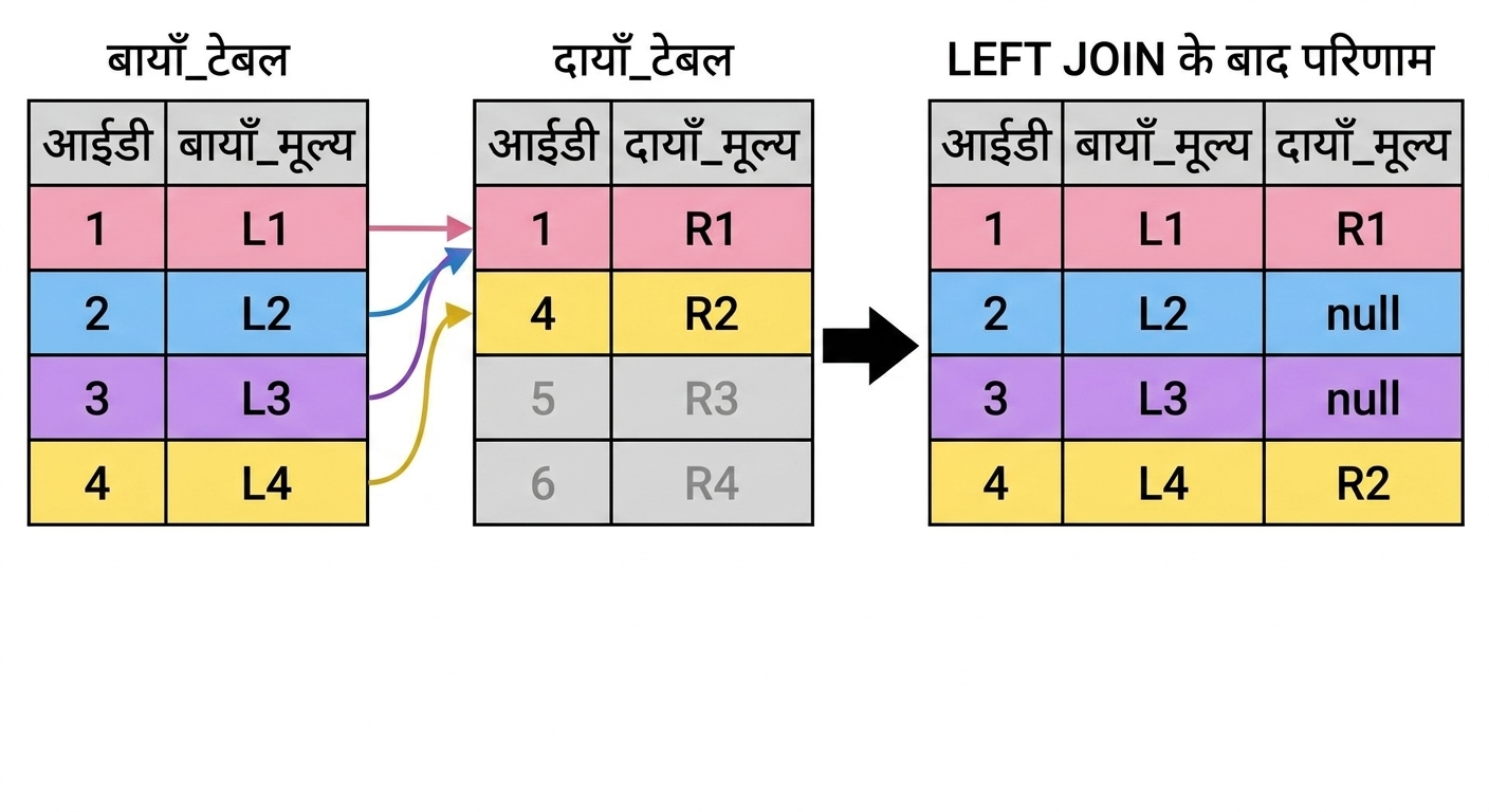 दो टेबल, left table और right table, और इन पर left join करने के बाद का परिणाम सेट दिखाने वाला डायग्राम। जो रिकॉर्ड left join में शामिल नहीं हैं उन्हें फीका कर दिया गया है.
