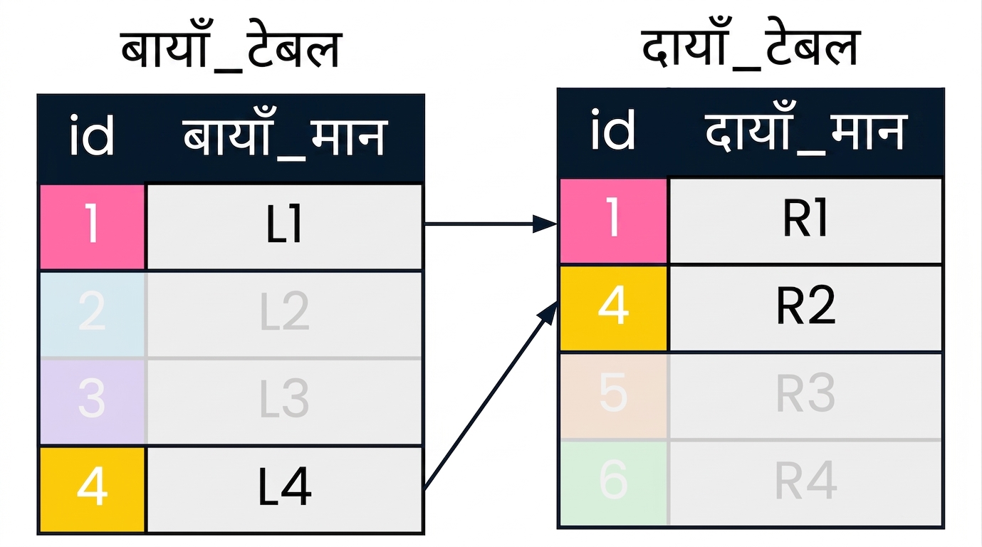 एक चित्र जिसमें दो टेबल: left_table और right_table दिखाए गए हैं। left और right टेबल में मिलते id मान एक ही रंग में हैं और तीरों से जुड़े हैं। जो रिकॉर्ड INNER JOIN में नहीं आते, वे फीके कर दिए गए हैं.