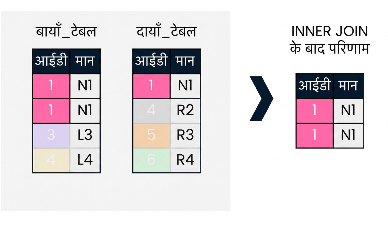 एक डायग्राम जिसमें बाएँ और दाएँ दो टेबल हैं। डायग्राम के दाएँ हिस्से में दिखाया है कि दो टेबल पर INNER JOIN करने पर क्या होता है।