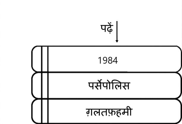 किताबों के ढेर में ऊपर की किताब के कवर की ओर इशारा करता तीर.