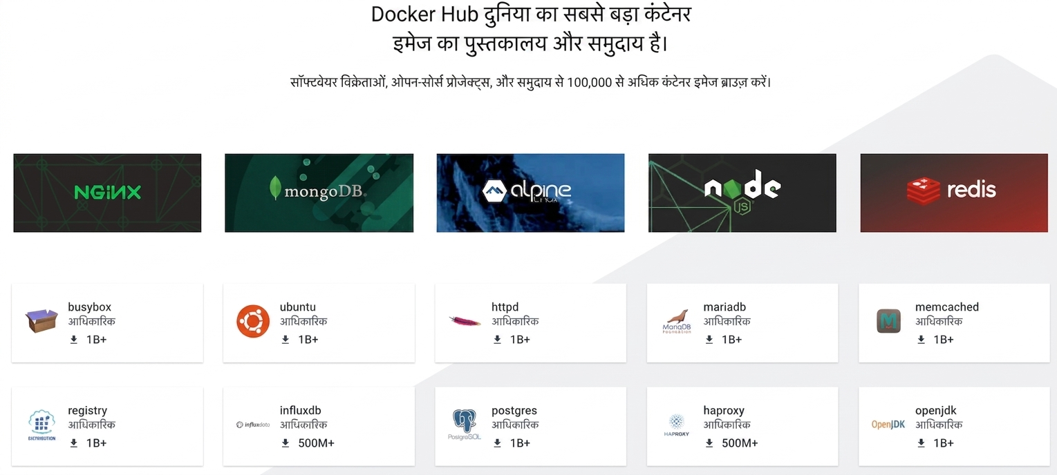 Docker Hub कंटेनर इमेजेज के लिए दुनिया की सबसे बड़ी लाइब्रेरी और कम्युनिटी है. सॉफ्टवेयर वेंडर्स, ओपन-सोर्स प्रोजेक्ट्स और कम्युनिटी से 100,000+ कंटेनर इमेजेज ब्राउज़ करें. सबसे ज़्यादा डाउनलोड की गई इमेजेज के उदाहरण: Nginx, mongoDB, alpine linux, nodejs, redis, busybosx और अन्य.