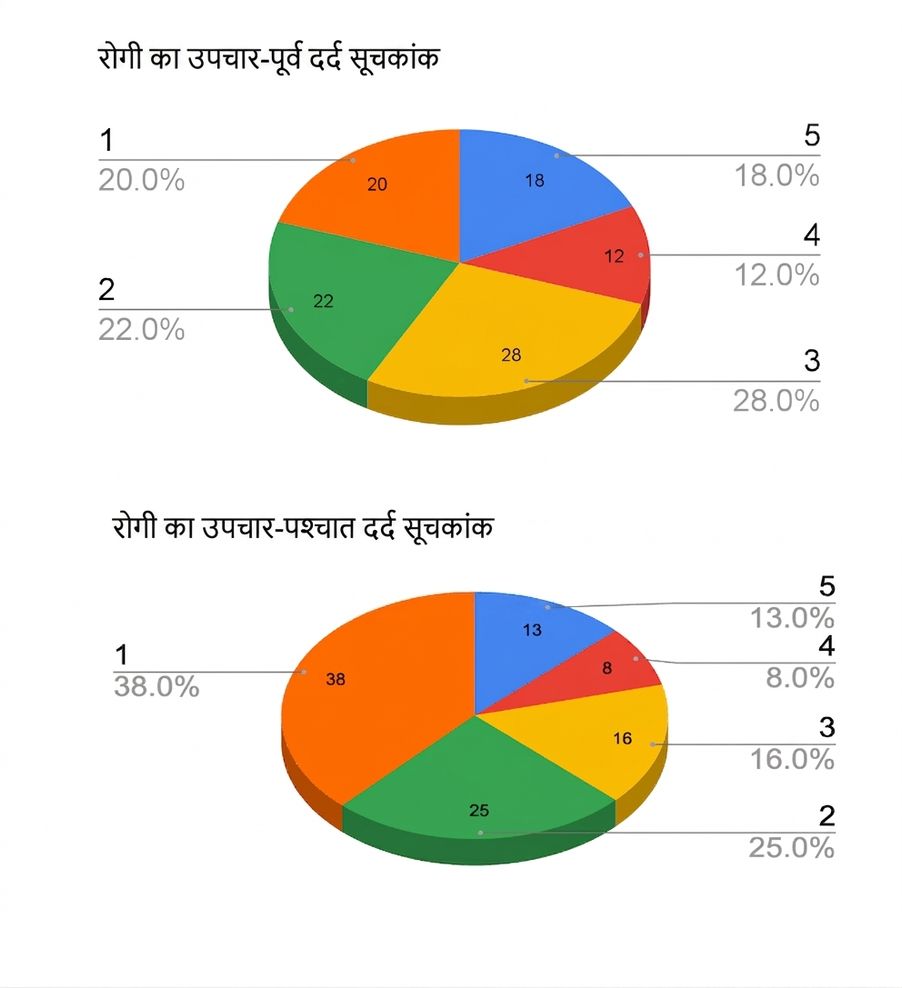 उपचार-पूर्व और उपचार-पश्चात परिणाम दिखाते दो 3D पाई चार्ट