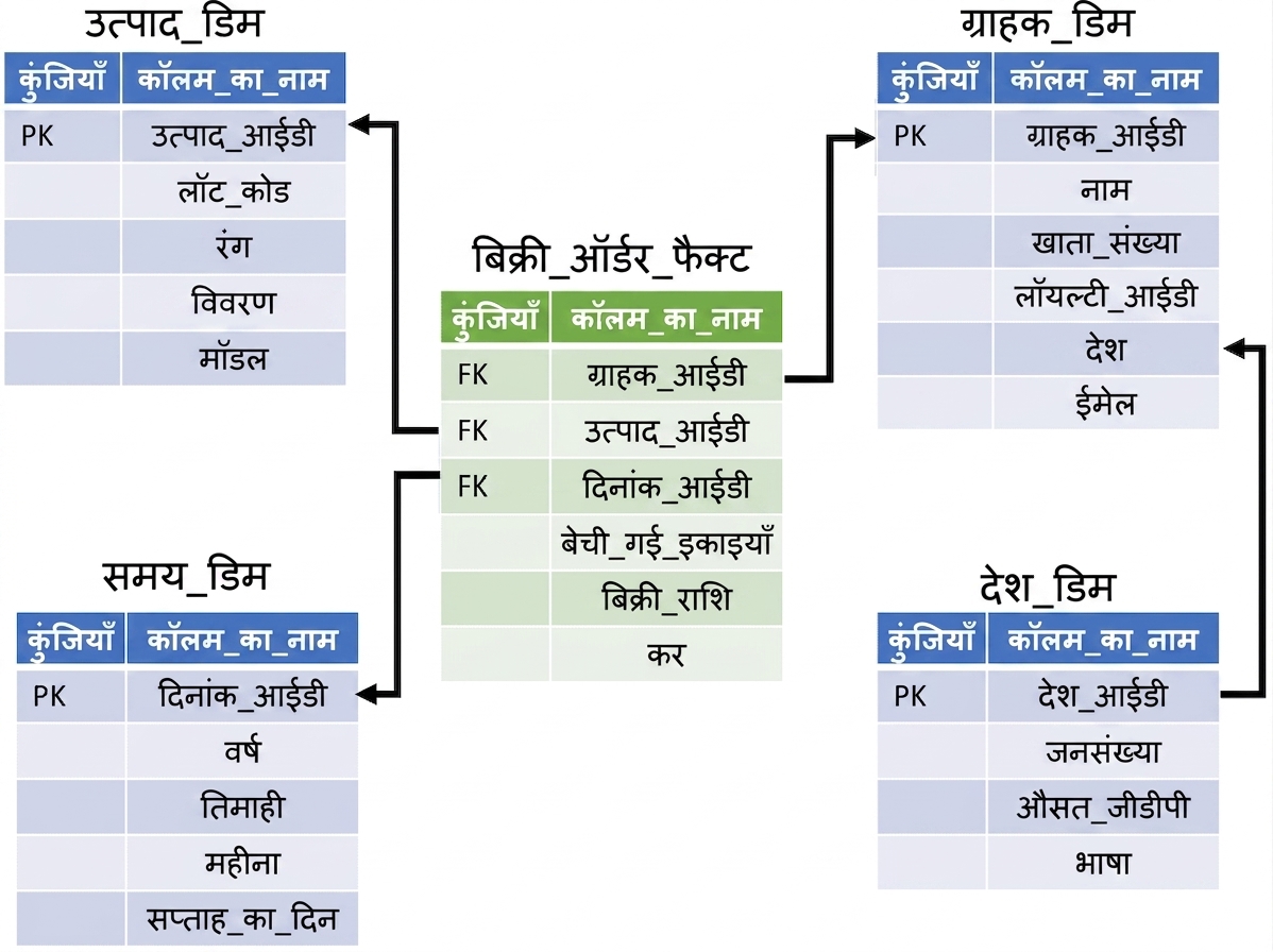 केंद्रीय सेल्स ऑर्डर टेबल, जिसके चारों ओर प्रोडक्ट, कस्टमर, टाइम डाइमेंशन टेबल्स हैं, और कस्टमर से जुड़ी कंट्री टेबल