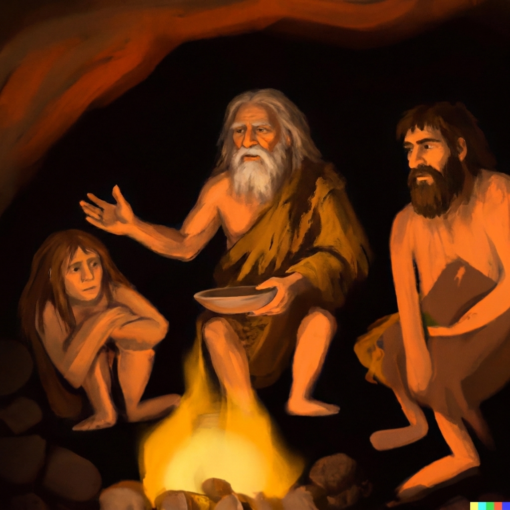 आग के पास बैठकर कहानी सुनाते गुफा-मानव