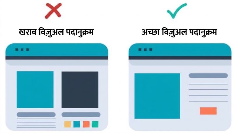 कमज़ोर विज़ुअल हायरार्की: ऐसी वेबसाइट जहाँ सब आइटम समान दिखते हैं; अच्छी हायरार्की: ह्यू, साइज और स्पेसिंग से समझ आसान होती है