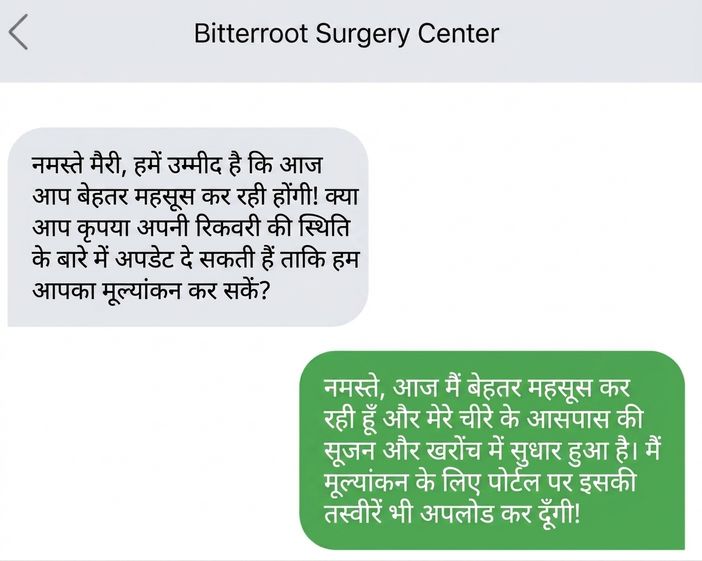 एक ग्राफिक में फोन पर ऐसा टेक्स्ट मैसेज संवाद दिखता है जो केवल ज़रूरी जानकारी साफ़ तरीके से देता है