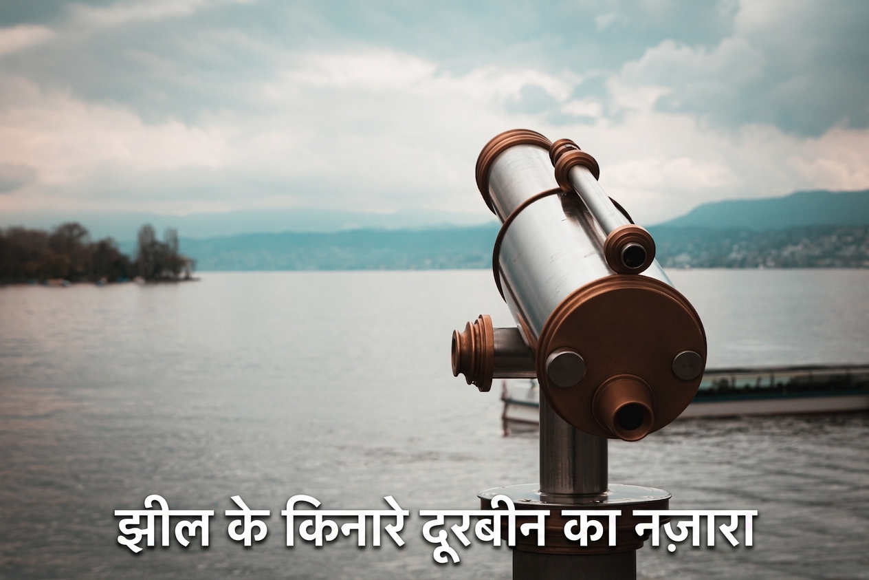 एक झील की ओर देखता टेलीस्कोप