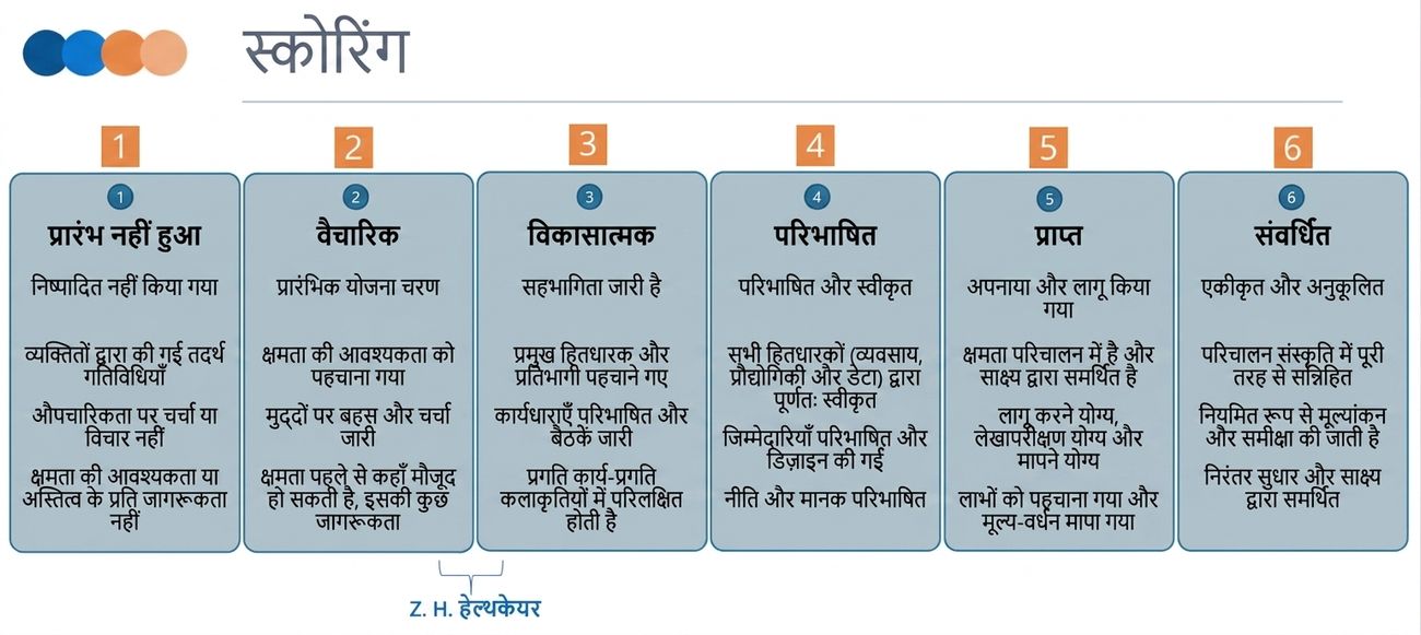 DCAM रेटिंग स्केल और ZH Healthcare का स्कोर दिखाती छवि
