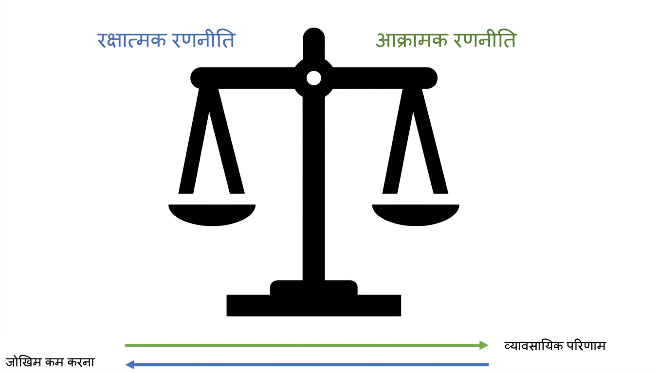 डिफेंसिव और ऑफेंसिव रणनीति का आरेख, बीच में बैलेंस दिखाया गया है
