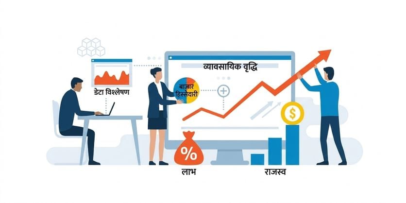 एक बिज़नेस टीम डेटा देखकर वित्तीय प्रदर्शन बढ़ता हुआ देख रही है