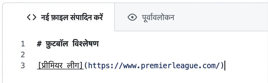 हाइपरलिंक के सिंटैक्स के साथ मार्कडाउन एडिट पेज का दृश्य