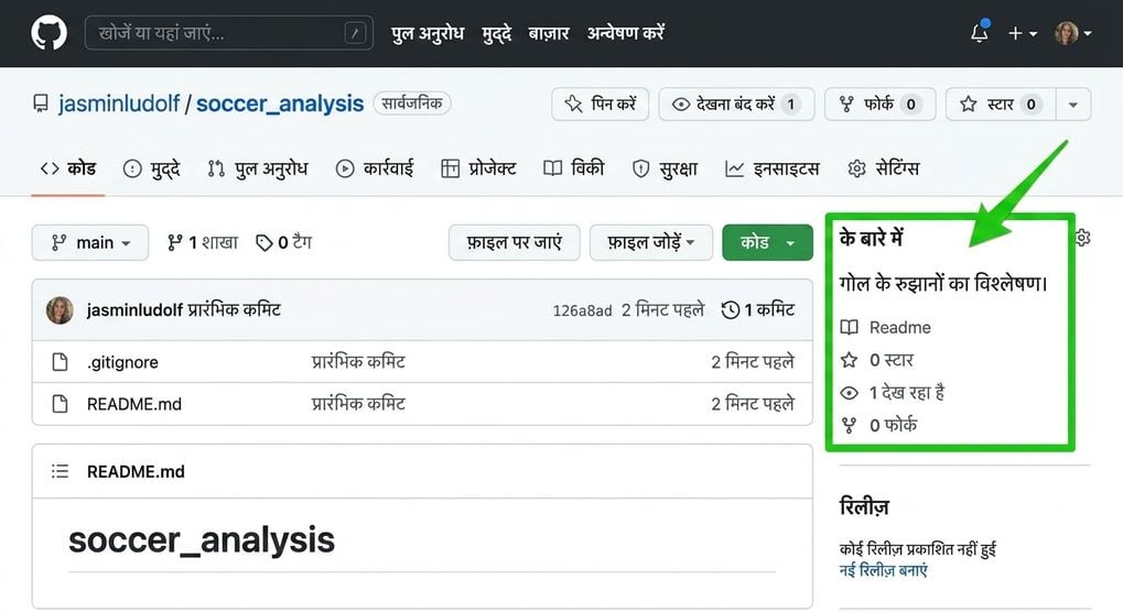 Soccer analysis repo का दृश्य, About सेक्शन हाइलाइटेड