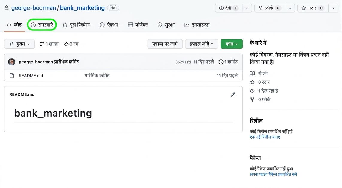 जॉर्ज बूरमैन के स्वामित्व वाले बैंक मार्केटिंग के प्राइवेट repo का मुख्य दृश्य, जिसमें Issues टैब हाईलाइट है