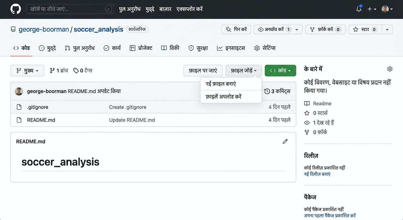GitHub रिपोजिटरी के Code सेक्शन में Add file बटन हाइलाइट किया हुआ