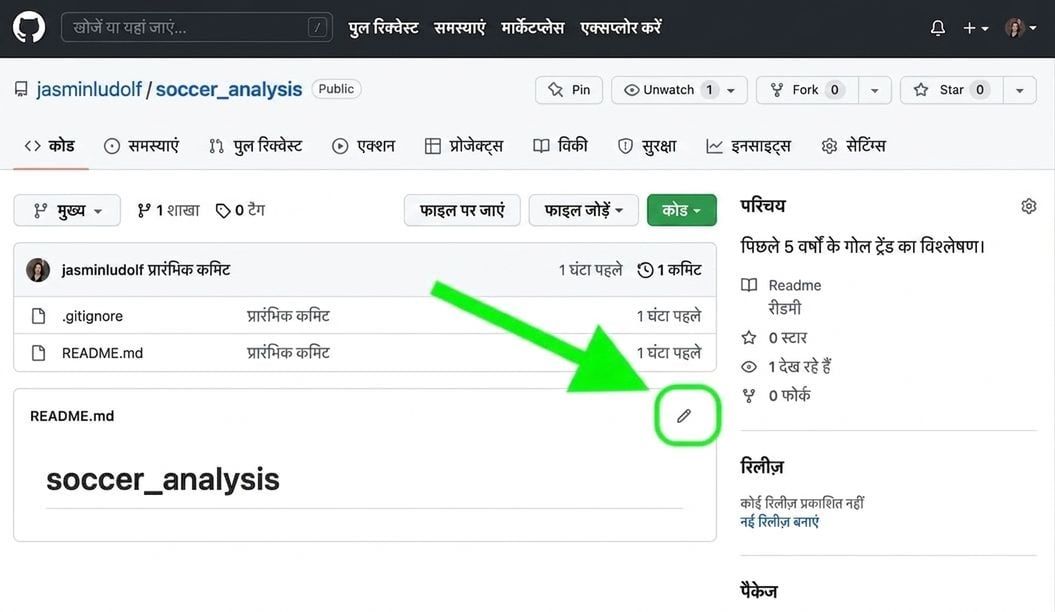 README फ़ाइल एडिट करने के लिए पेंसिल आइकन हाइलाइट के साथ सॉकर एनालिसिस रिपो का दृश्य