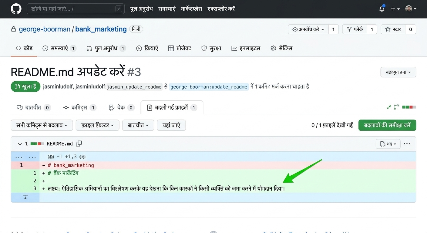 ओनर व्यू: Files changed में हरे हाइलाइट दिखाया गया