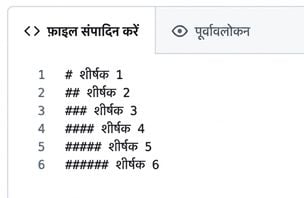 सभी छह हेडिंग प्रकारों के सिंटैक्स के साथ मार्कडाउन एडिट पेज का दृश्य