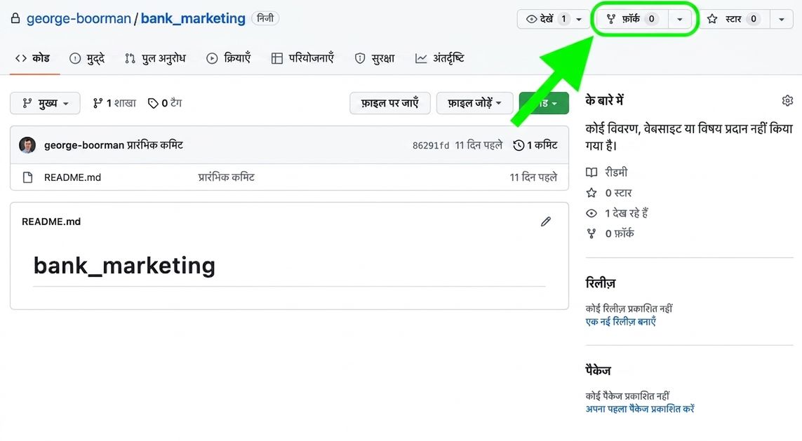 बैंक मार्केटिंग निजी रिपो का मुख्य दृश्य, fork बटन हाइलाइटेड