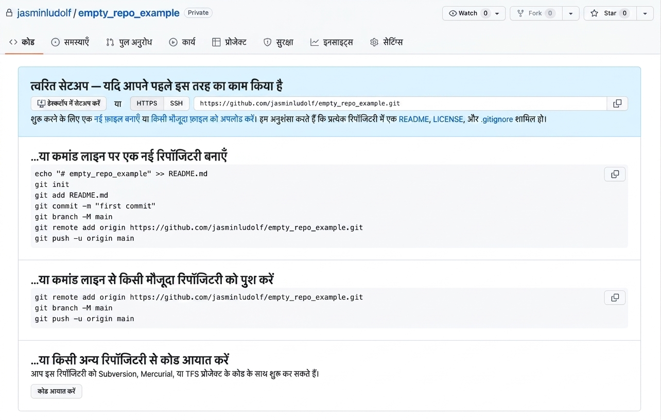 खाली रिपोजिटरी का दृश्य और क्लोन लिंक कहाँ से लें