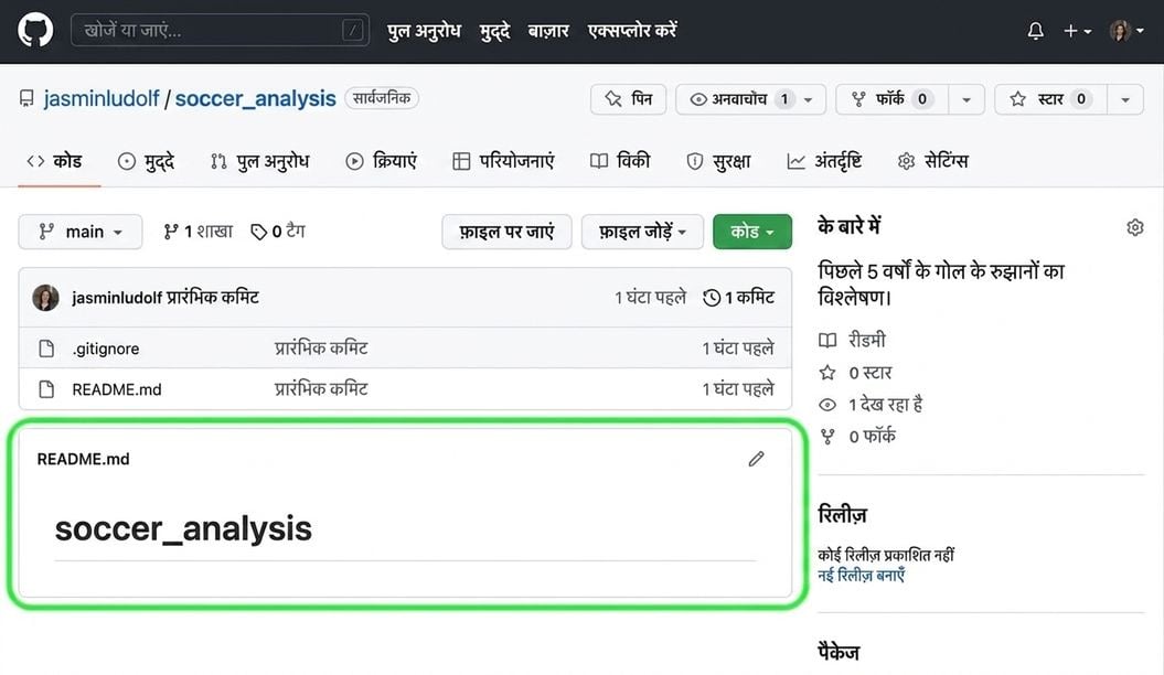 README फ़ाइल हाइलाइट के साथ सॉकर एनालिसिस रिपो का दृश्य