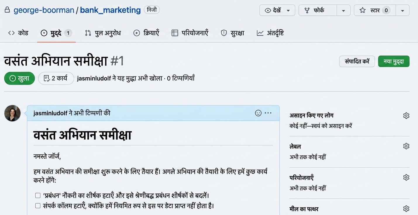 सबमिट किए गए issue का दृश्य, बिना किसी असाइनमेंट के