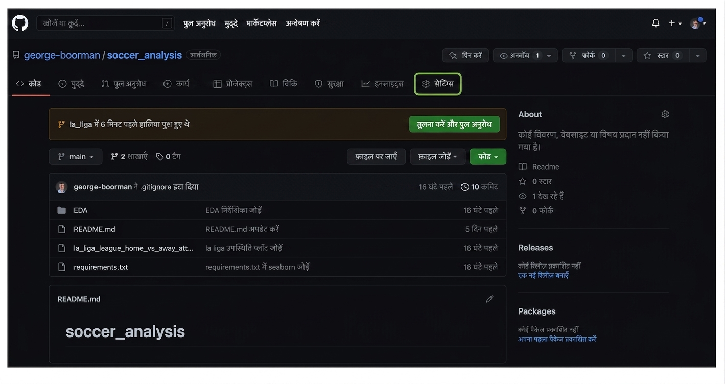 रेपो का Settings सेक्शन हाइलाइटेड