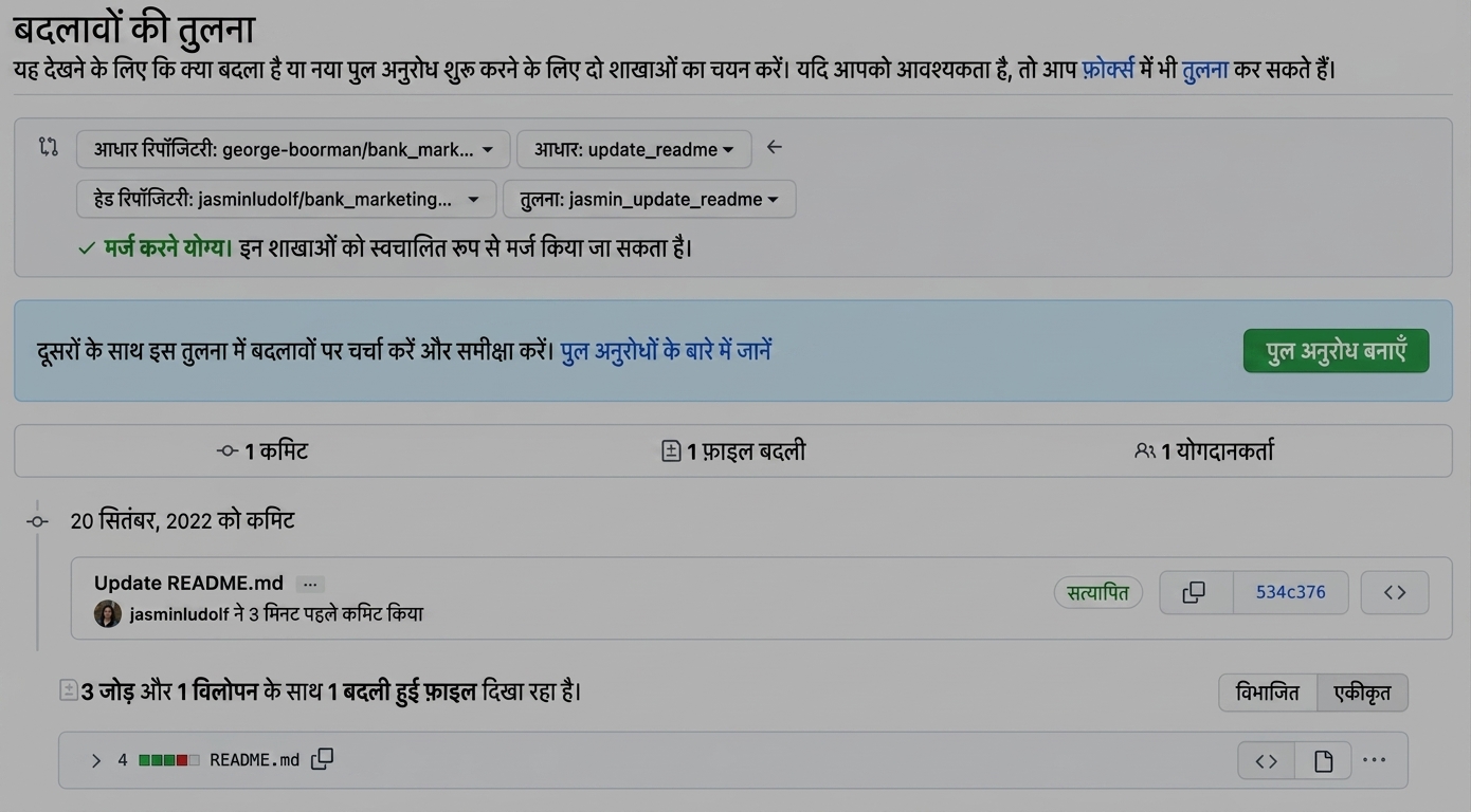 एक branch के बदलावों की तुलना उस branch की मौजूदा स्थिति से, जिसमें हम बदलाव कॉपी करना चाहते हैं