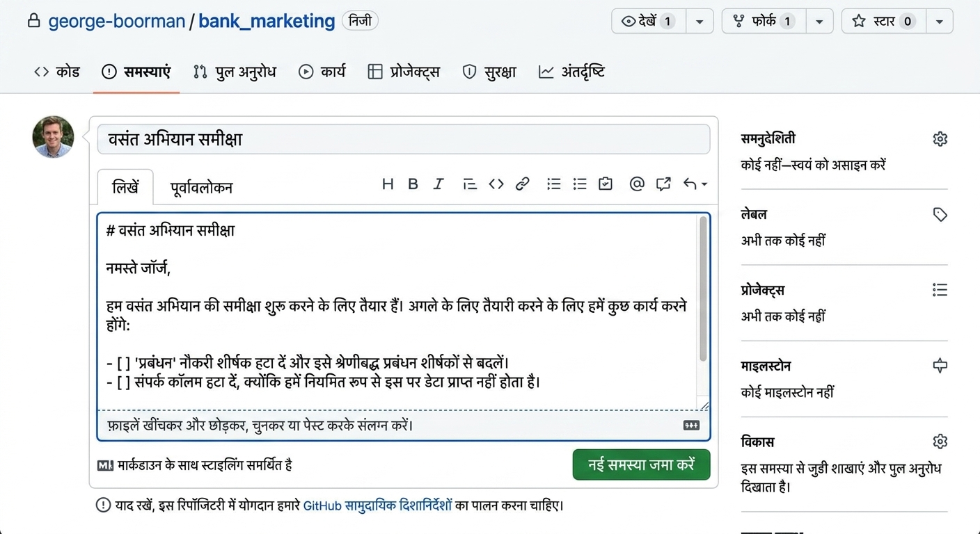 नया issue बनाते समय, शीर्षक और बॉडी भरे हुए