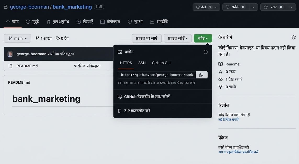 GitHub रिपो पर Code बटन क्लिक करने के बाद का ड्रॉपडाउन मेनू दृश्य