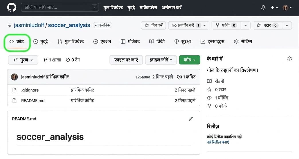 Soccer analysis repo का दृश्य, Code टैब हाइलाइटेड