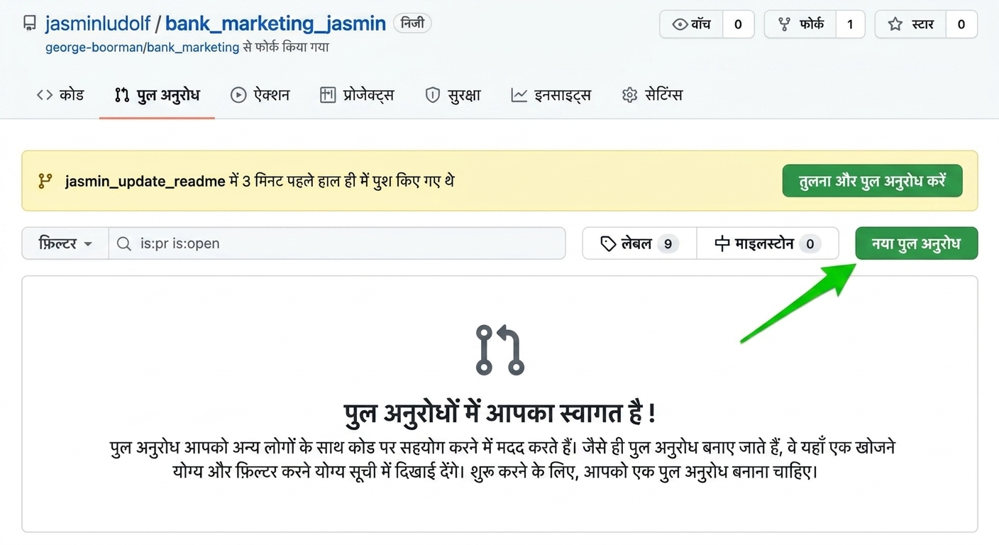 fork किए गए repo में pull requests टैब, जहाँ नया pull request बटन हाइलाइट है