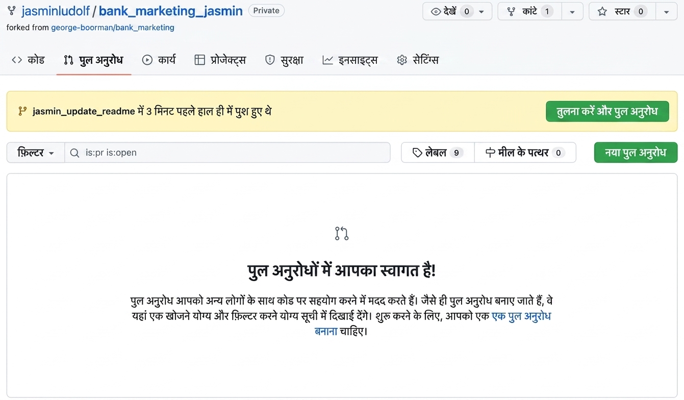 fork किए गए repo में pull requests टैब का दृश्य