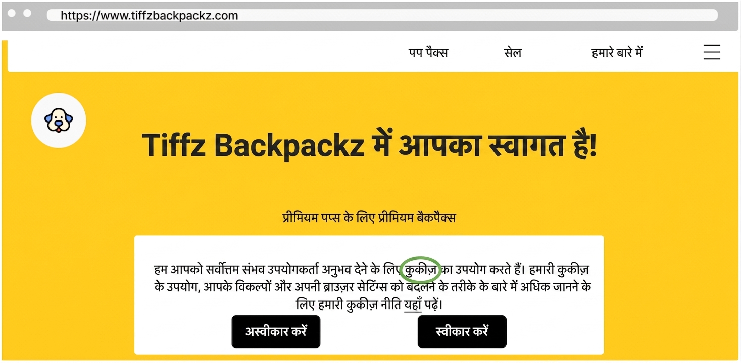 Tiffz Backpackz लैंडिंग पेज पर Cookies