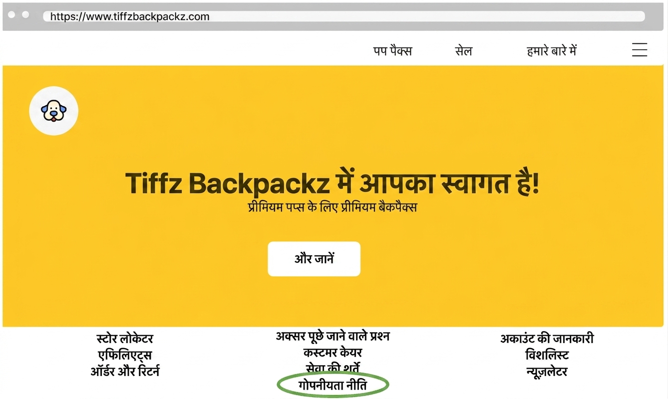Tiffz Backpackz लैंडिंग पेज पर Privacy Policy