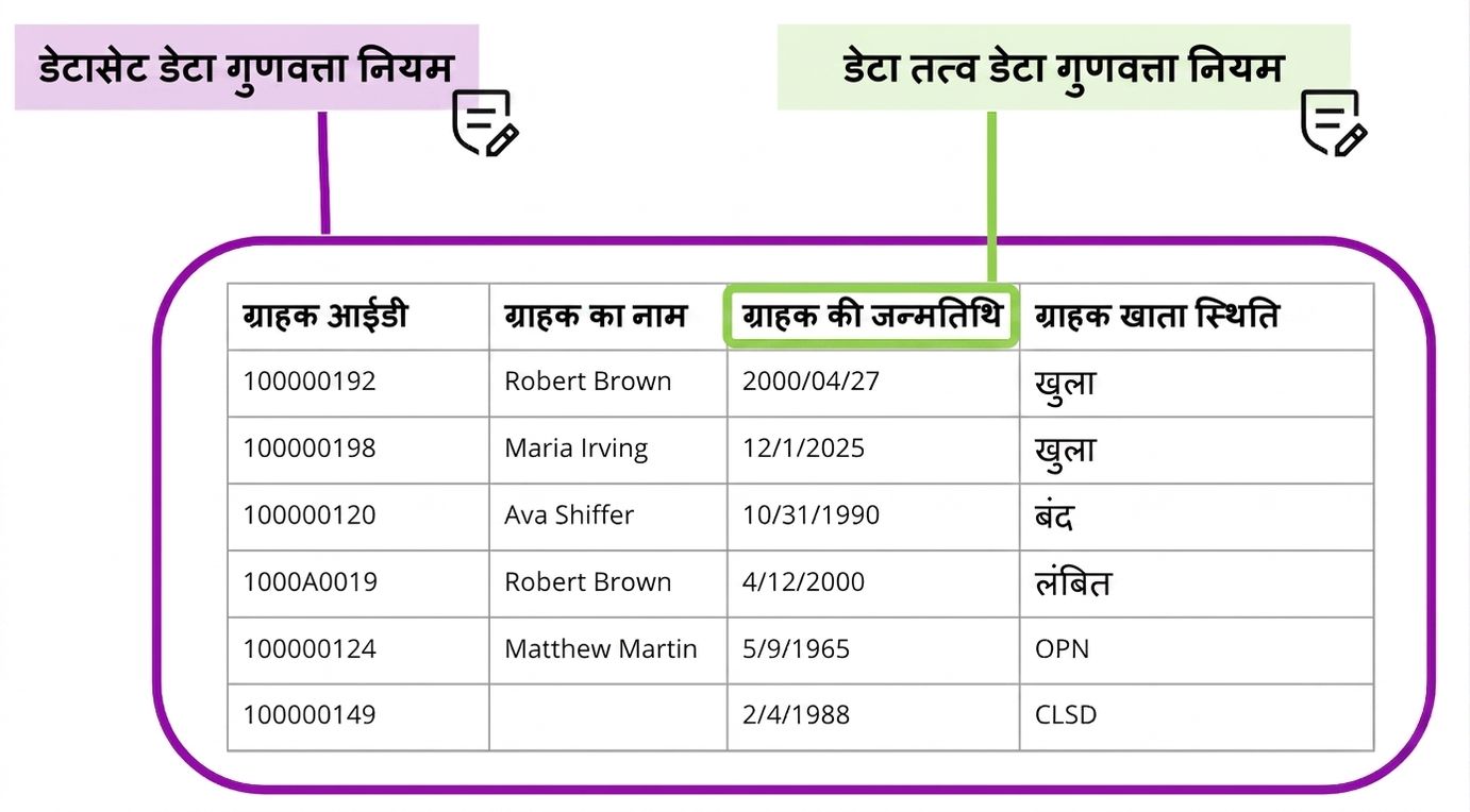 डेटासेट और डेटा एलिमेंट डेटा क्वालिटी नियम दर्शाती तालिका
