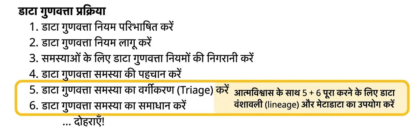 डेटा गुणवत्ता प्रक्रिया जिसमें ट्रायेज और सुधार चरण हाइलाइट हैं