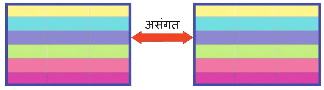दो तालिकाएँ जिनकी पंक्तियाँ समान रंग की हैं, सिवाय एक पंक्ति के जो दोनों में असंगति दिखाती है