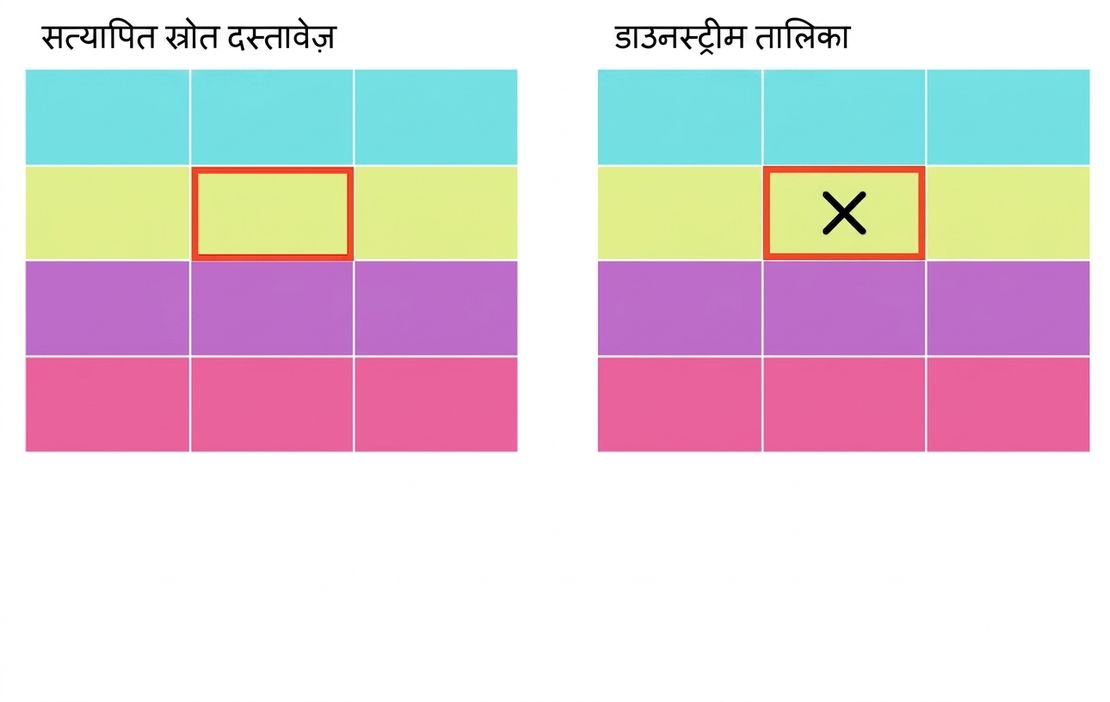 दो तालिकाएँ: एक सत्यापित स्रोत और एक डाउनस्ट्रीम टेबल जिसमें एक गलत मान है