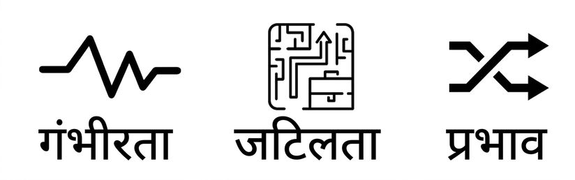 तीन छवियाँ: गंभीरता के लिए हार्टबीट, जटिलता के लिए पज़ल, और प्रभाव के लिए दो गुंथी तीर