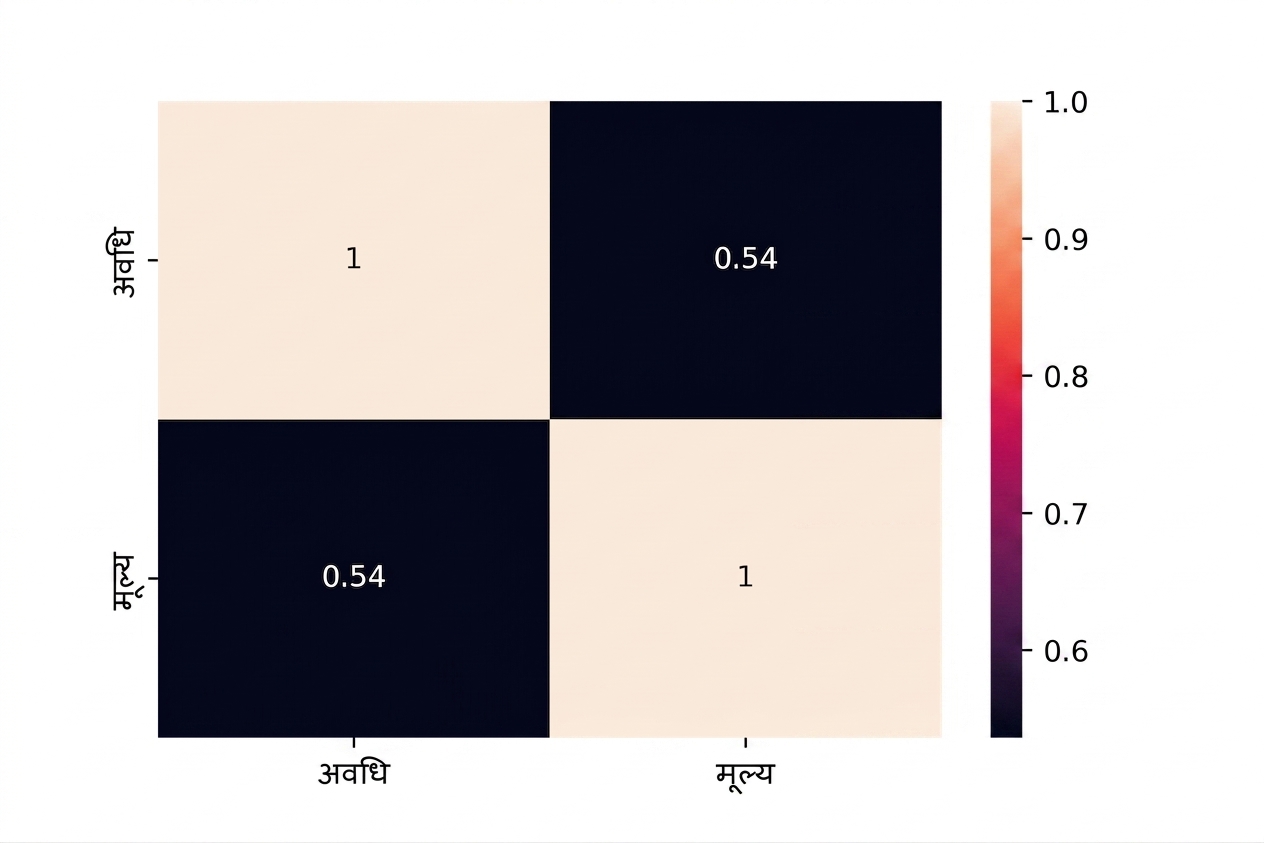 हीटमैप जो Price और Duration के बीच 0.54 Pearson सहसंबंध दिखाता है
