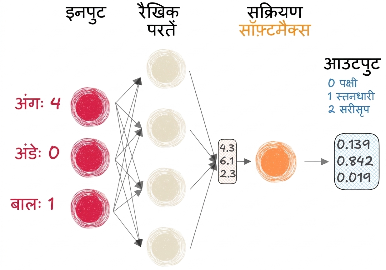इनपुट, लिनियर लेयर्स को एक वेक्टर आउटपुट, softmax एक्टिवेशन, और आउटपुट वाला नेटवर्क हिस्सा