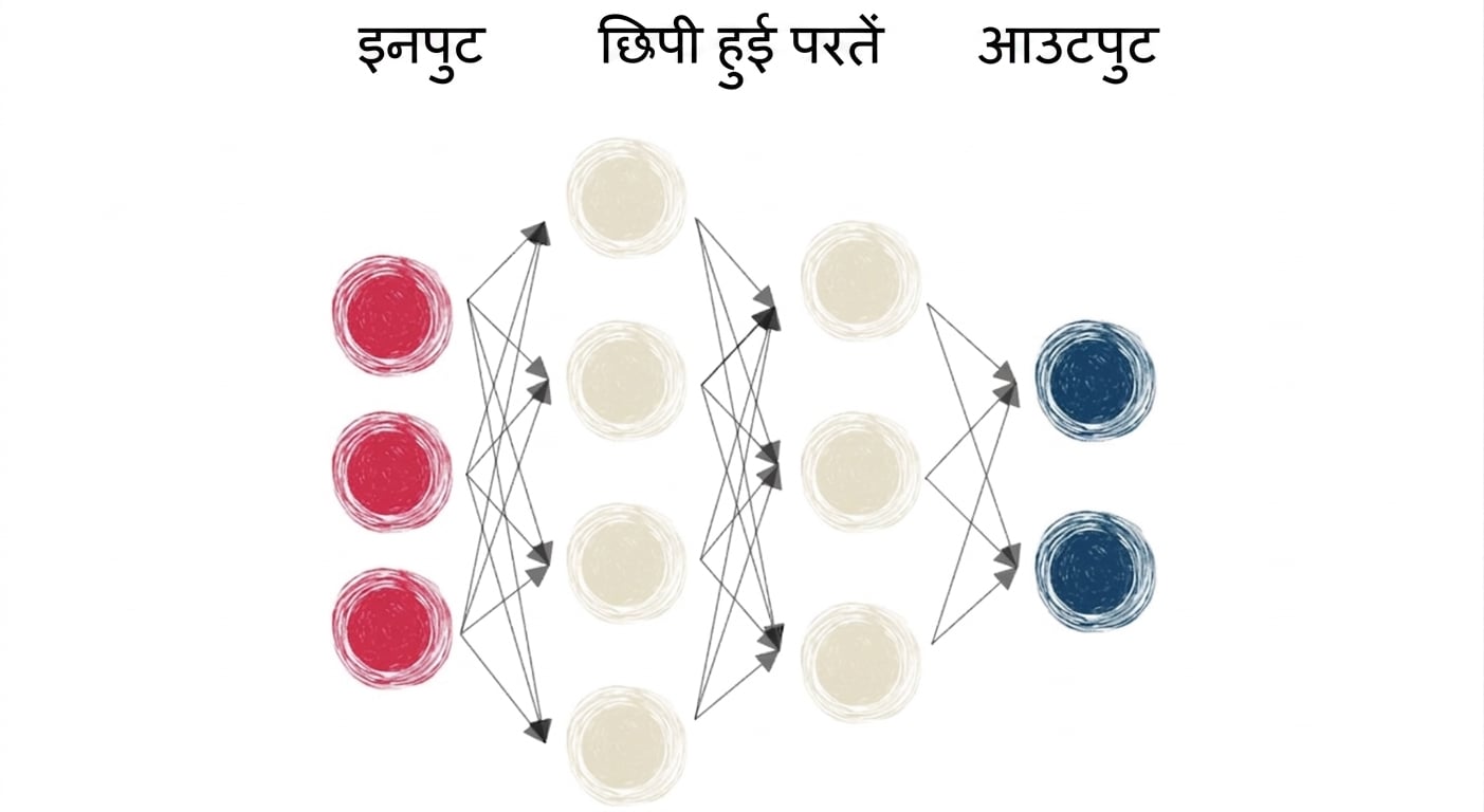 इनपुट, hidden layer और आउटपुट वाला neural network का डायग्राम