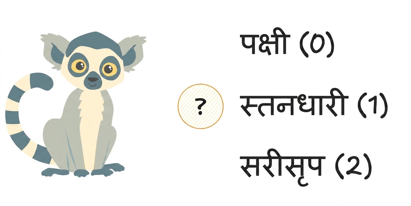 तीन विकल्पों वाला लीमर: bird, mammal, या reptile
