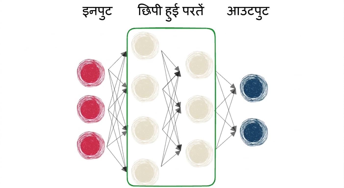 इनपुट, hidden layer और आउटपुट वाला neural network का डायग्राम